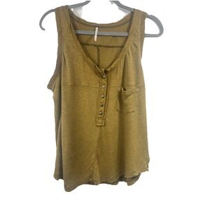 Free People 100% Linen Tank Top XS Antique Yellow Henley Boho Slub Knit Layering